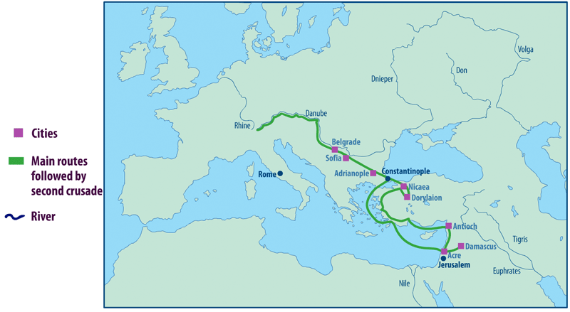 Map showing the main routes followed by the second crusade. 