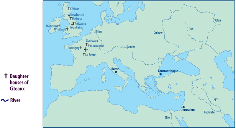 Map showing the daughter houses of Cteaux